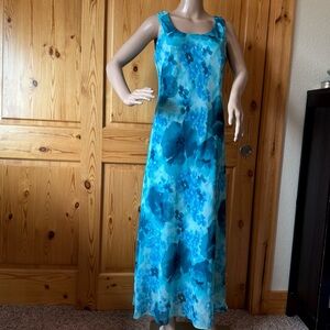 Vintage 90s Y2K Mary McFadden Collection Maxi Dress 10 Blue Aqua Floral Chiffon